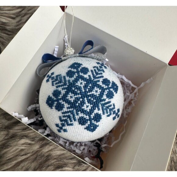 Handmade Blue Cross-Stitch Christmas Ornament - Picture 3 of 7